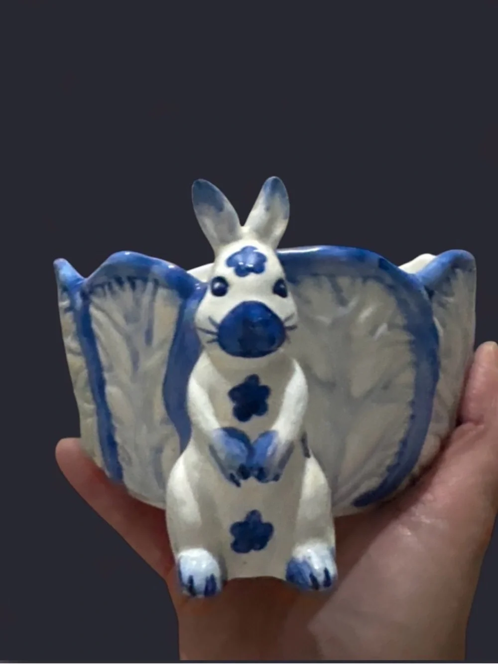 Vintage 1995 House of Lloyd Blue & White Ceramic Bunny Cabbage planter